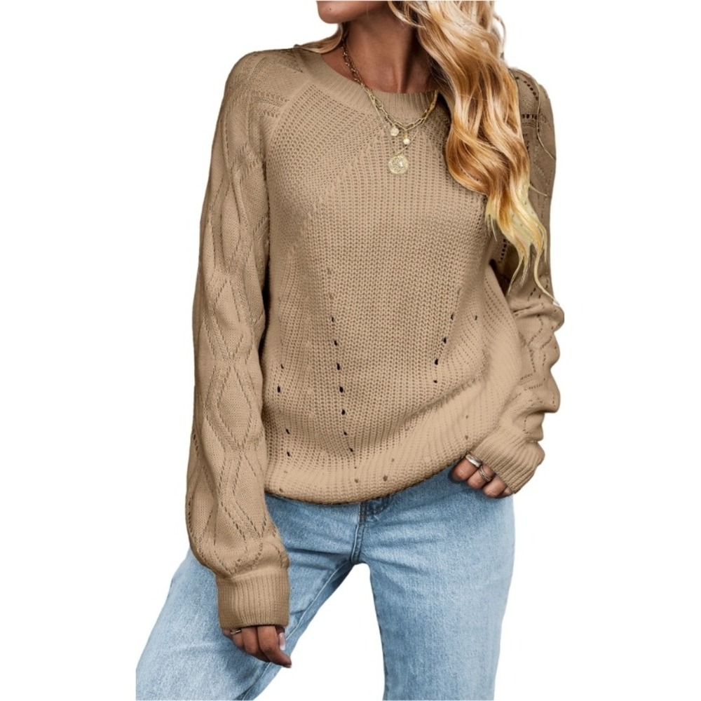 Cupshe Tan Knit Sweater XL Long Sleeve Diamond Cutout Crew Neck Pullover NWT